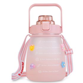Kawaii Water Bottle with Straw 37.2oz Large Capacity Portable Sports Bottle with Cute Three-Dimensional Stickers (Option: Pink)